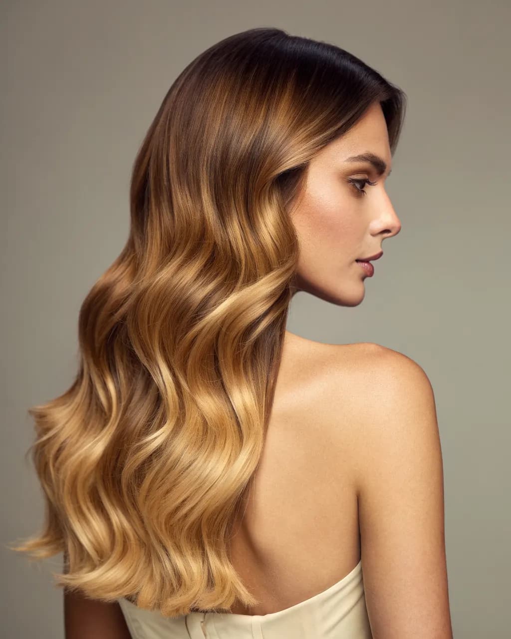 Nachher: Balayage in Honigblond mit weichen Wellen