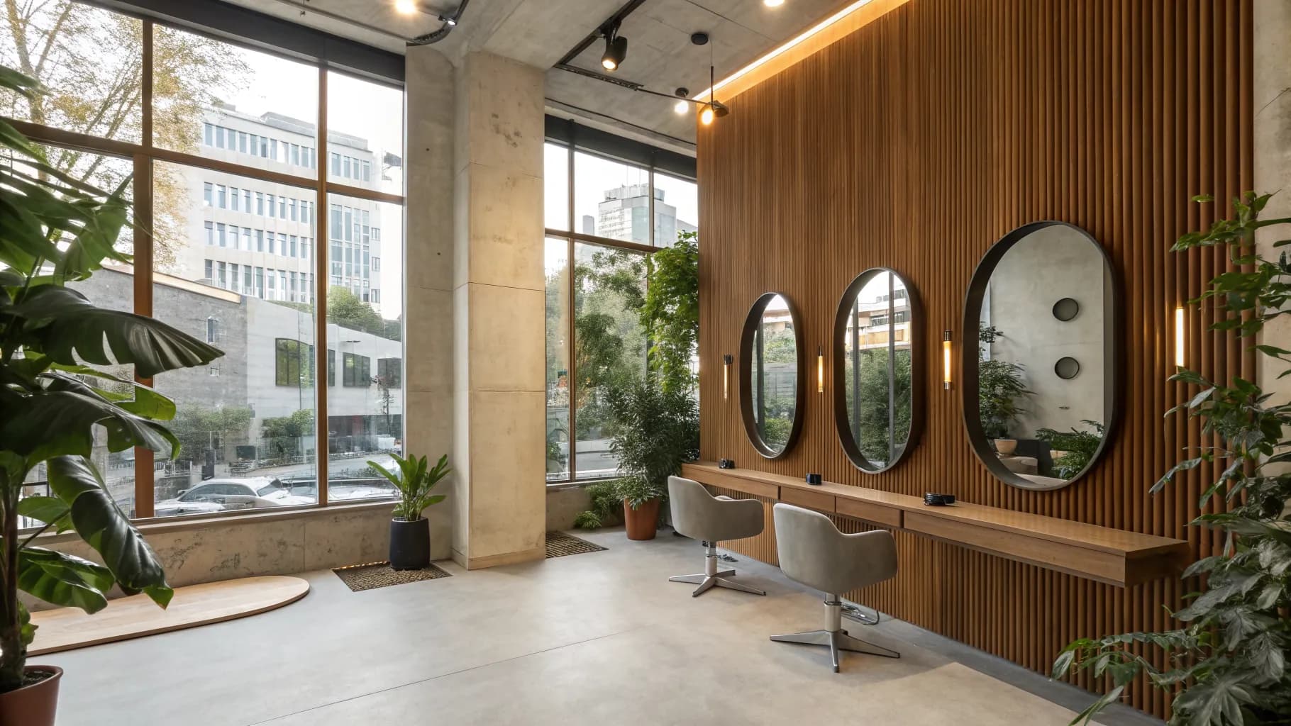 Heller Salon mit runden Spiegeln und Betonboden